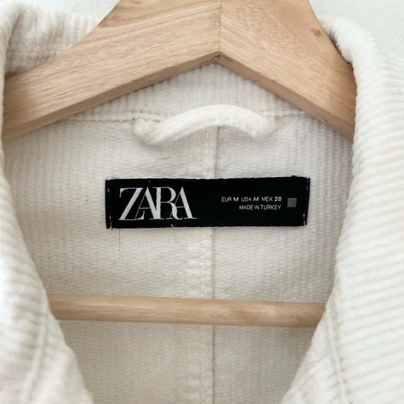 Zara Ivory Corduroy Cotton Jacket Button Up Size Medium Utility Pocket - Picture 2 of 6